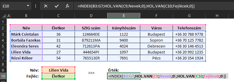 Excel INDEX és HOL.VAN